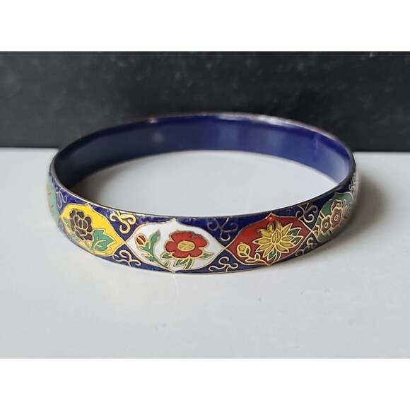 Cloisonne Floral Enamel Wide Bangle Bracelet Vintage, READ Description - Picture 1 of 10